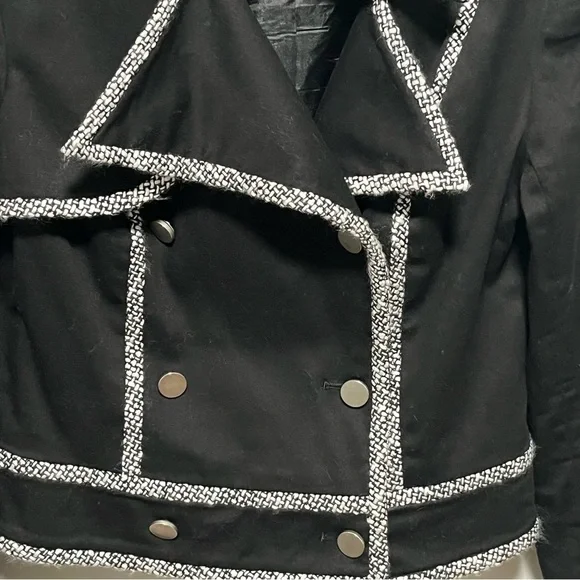 CACHE Vintage Black SOFT Cotton double breasted Tweed Trim short MOTO jacket - Picture 8 of 9
